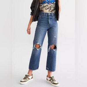 Levis Ribcage Straight Ankle Blue Jeans Distress Denim Holes 27 Button Fly High